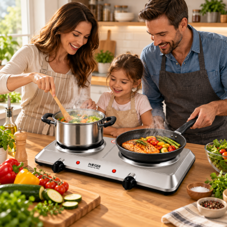 Plita electrica dubla HAEGER DOUBLE TOP DISC, 2250 W, 180 si 150 mm, 5 trepte putere, Oprire automata de siguranta, Picioare antiderapante, Inox [1]