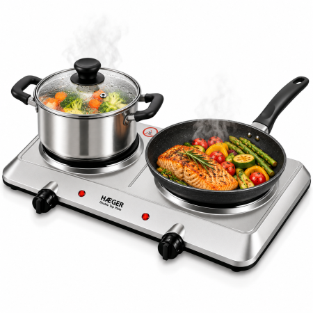 Plite & Aragazuri - Plita electrica dubla HAEGER DOUBLE TOP DISC, 2250 W, 180 si 150 mm, 5 trepte putere, Oprire automata de siguranta, Picioare antiderapante, Inox
