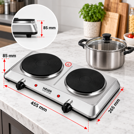 Plita electrica dubla HAEGER DOUBLE TOP DISC, 2250 W, 180 si 150 mm, 5 trepte putere, Oprire automata de siguranta, Picioare antiderapante, Inox [3]