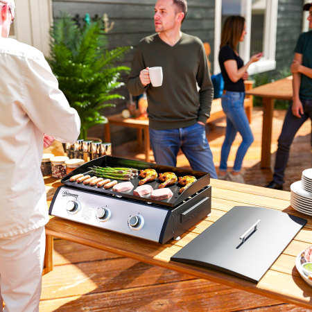  Plita pe Gaz din Otel Emailat cu 3 Arzatoare, Putere 7.5kW, 3 Zone de Gatit si Capac, Negru [1]