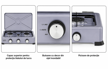 Plita pe gaz portabila HAEGER TRIPLE COOK, 3 arzatoare, Aprindere piezo automata, Suprafata emailata, Arzatoare aluminiu, Gri [1]