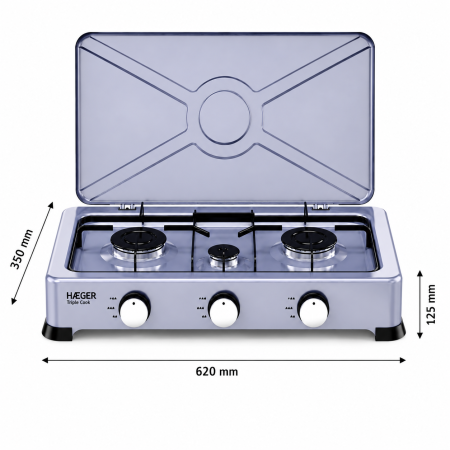 Plita pe gaz portabila HAEGER TRIPLE COOK, 3 arzatoare, Aprindere piezo automata, Suprafata emailata, Arzatoare aluminiu, Gri [2]