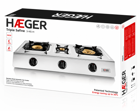Plita pe gaz portabila HAEGER TRIPLE SAFINE, 3 arzatoare din bronz 110/90/40 mm, Corp din inox, Aprindere piezo automata, Economie energie 30%, Inox [3]