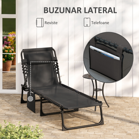  Portable Sun Lounger, Folding Chaise Recliner, 5-Position Adjustable Cot, Black [6]