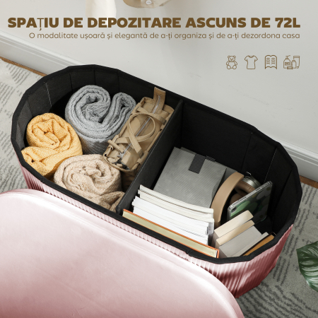  Pouf pliabil cu spatiu de depozitare modern, tapitat cu catifea, 72L, pentru living si dormitor, 76x38x35 cm, Roz [3]