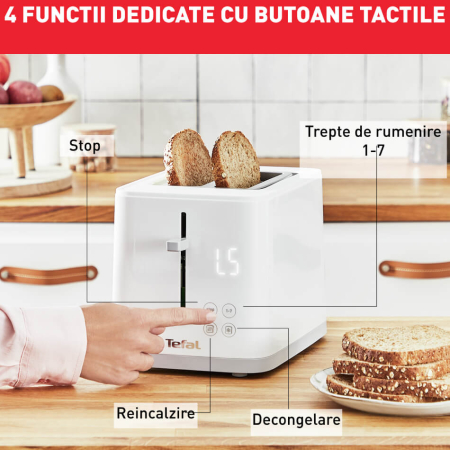 Prajitor de paine Tefal Sense TT693110, 850W, 4 functii dedicate, 7 trepte de rumenire, fante cu latime variabila, tava firimituri, alb [8]