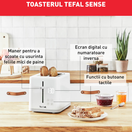 Prajitor de paine Tefal Sense TT693110, 850W, 4 functii dedicate, 7 trepte de rumenire, fante cu latime variabila, tava firimituri, alb [7]