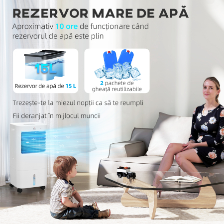  Racitor Evaporativ 3 in 1, Ventilator cu Gheata si Dezumidificator, 3 Viteze, 9 Moduri si Telecomanda, Racitor de 65W din ABS, 32x37x74 cm, Alb [3]