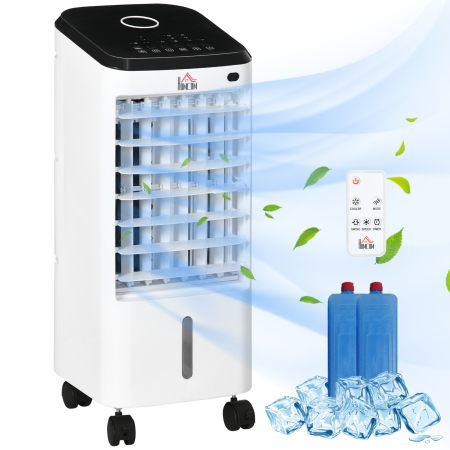 Climatizare si ventilatie -  Racitor Evaporativ 3-in-1, Ventilator, Umidificator cu Gheata si Dezumidificator, 3 Viteze, 3 Moduri si Telecomanda, Timer 12 Ore, 65W din ABS, 24.5x27x60 cm, Alb