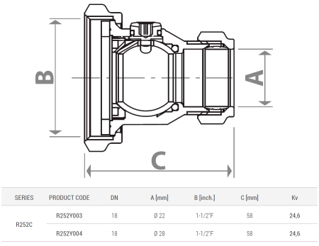 Racord cu bila Giacomini R252Y003, pentru pompa, diametru conexiune prin compresie 22mm x 1 1/2" filet interior, alama [1]