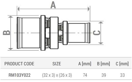 Racord drept reductie Giacomini RM103Y022, diametru 32 mm x 26 mm, alama, pentru tevi multistrat [1]