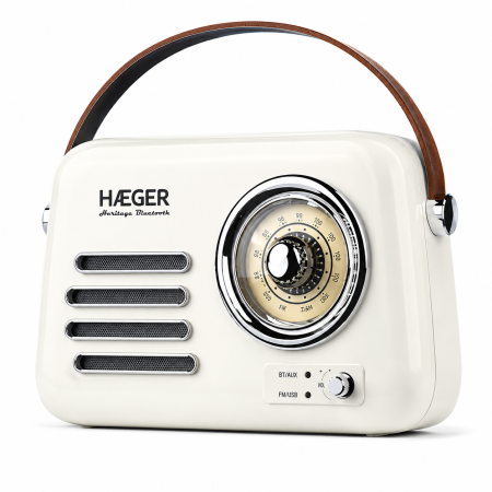 Radio cu ceas & portabile - Radio vintage HAEGER HERITAGE cu Bluetooth, Design retro, Receptie AM/FM, USB, AUX, Autonomie 20 h, Incarcare USB-C, Crem