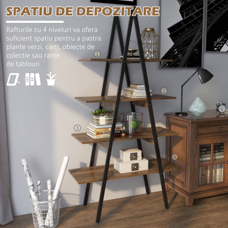  Raft Biblioteca Stil Industrial din PAL si Otel in Forma de A, 92x38.5x166 cm, Maro si Negru [3]