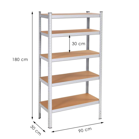Raft metalic depozitare 5 polite MDF reglabile, max 875 kg, pliabil in 2 rafturi mici, 180x90x30 cm, argintiu [18]
