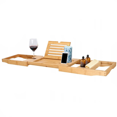 Baie - Raft cu tava pentru cada din bambus natural Sersimo 1025, extensibila, 75-111x23cm