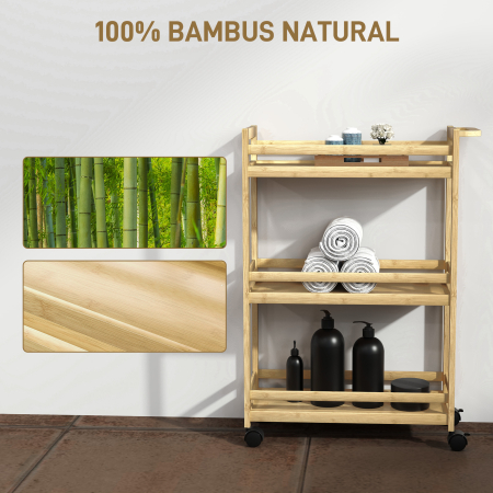 Raft de Baie din Bambus cu 3 Niveluri, Carucior Organizator cu Roti pentru Bucatarie, Baie, Living, 55 x 20 x 75 cm - Natural [5]