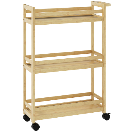 Mobilier pentru baie -  Raft de Baie din Bambus cu 3 Niveluri, Carucior Organizator cu Roti pentru Bucatarie, Baie, Living, 55 x 20 x 75 cm - Natural