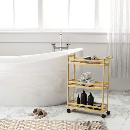  Raft de Baie din Bambus cu 3 Niveluri, Carucior Organizator cu Roti pentru Bucatarie, Baie, Living, 55 x 20 x 75 cm - Natural [8]