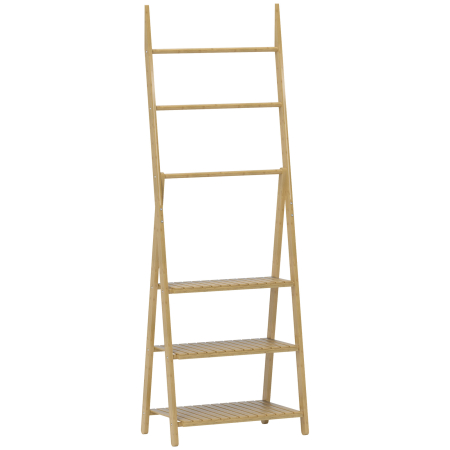 Baie -  Raft de Baie Pliabil pentru Prosoape cu 3 Rafturi si 3 Bare,  53,5x30x153 cm, Lemn Natural