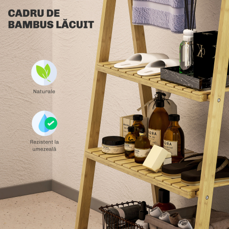  Raft de Baie Pliabil pentru Prosoape cu 3 Rafturi si 3 Bare,  53,5x30x153 cm, Lemn Natural [5]