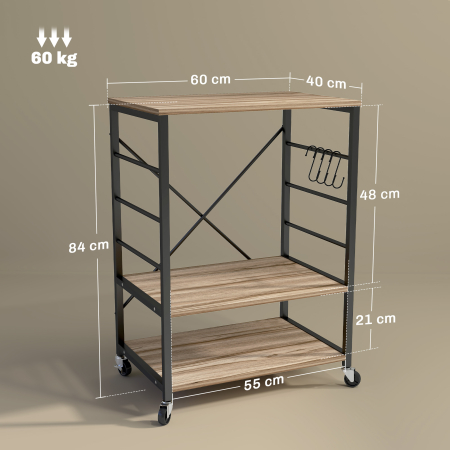  Raft de Bucatarie cu 3 Nivele, Roti si 4 Carlige, 60x40x84 cm, Lemn Natural [2]