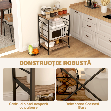  Raft de Bucatarie cu 3 Nivele, Roti si 4 Carlige, 60x40x84 cm, Lemn Natural [6]