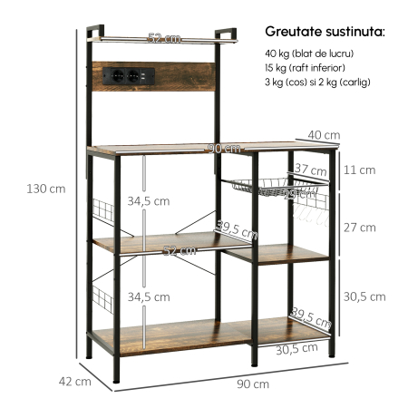  Raft de bucatarie cu priza multipla pentru microunde, cu rafturi si cos din plasa, 90x42x130cm, maro [2]