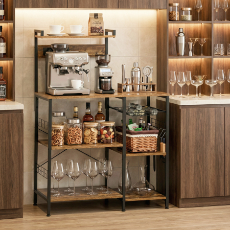  Raft de bucatarie cu priza multipla pentru microunde, cu rafturi si cos din plasa, 90x42x130cm, maro [8]