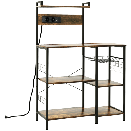 Dulapuri si rafturi depozitare -  Raft de bucatarie cu priza multipla pentru microunde, cu rafturi si cos din plasa, 90x42x130cm, maro