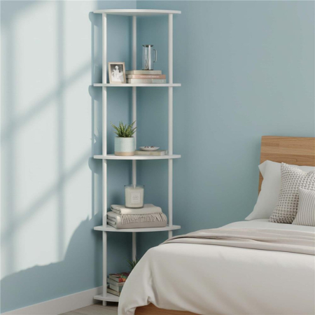 Raft de colt cu 5 polite, MDF, cadru metalic, 148x30x30 cm, alb [7]