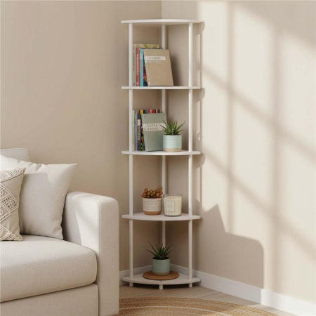 Raft de colt cu 5 polite, MDF, cadru metalic, 148x30x30 cm, alb [6]