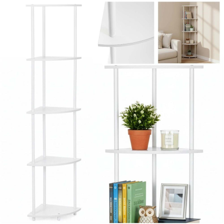 Raft de colt cu 5 polite, MDF, cadru metalic, 148x30x30 cm, alb [2]