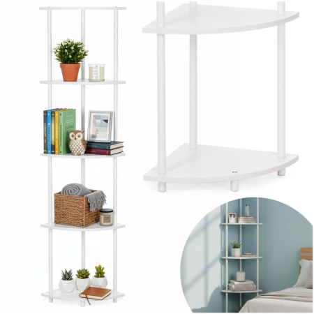 Raft de colt cu 5 polite, MDF, cadru metalic, 148x30x30 cm, alb [3]