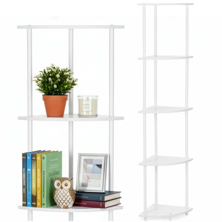 Raft de colt cu 5 polite, MDF, cadru metalic, 148x30x30 cm, alb [4]