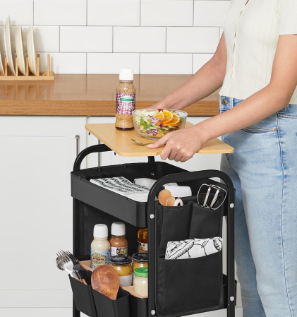 Raft de depozitare mobil tip carucior rulant, pentru baie sau bucatarie, cadru otel cu blat MDF, 31x44x74 cm, negru [2]