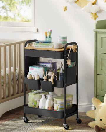 Raft de depozitare mobil tip carucior rulant, pentru baie sau bucatarie, cadru otel cu blat MDF, 31x44x74 cm, negru [5]