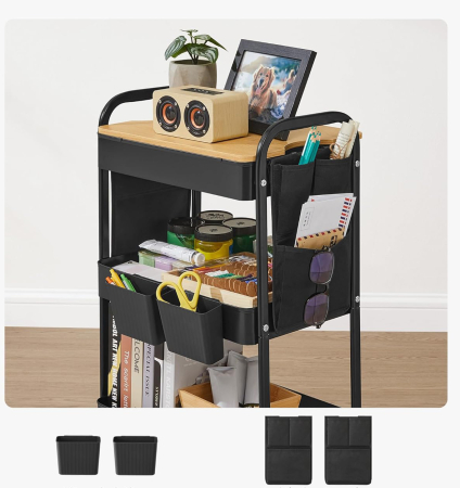 Raft de depozitare mobil tip carucior rulant, pentru baie sau bucatarie, cadru otel cu blat MDF, 31x44x74 cm, negru [3]