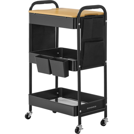 Mobilier pentru baie - Raft de depozitare mobil tip carucior rulant, pentru baie sau bucatarie, cadru otel cu blat MDF, 31x44x74 cm, negru