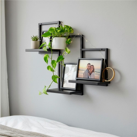 Raft de perete cu 3 polite din MDF si cadru metalic, 58x21x50 cm, negru [5]