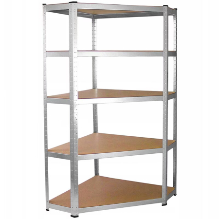 Baie - Raft depozitare metalic colt 5 niveluri cu polite MDF, structura otel galvanizat, 180x90x30 cm, argintiu
