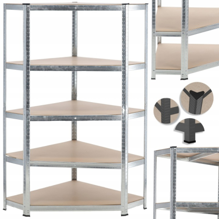Raft depozitare metalic colt 5 niveluri cu polite MDF, structura otel galvanizat, 180x90x30 cm, argintiu [4]