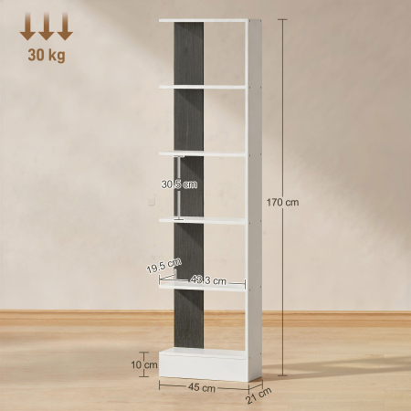  Raft ingust cu 5 Etajere, Raft Economisitor de Spatiu Modern din Lemn, Biblioteca pentru Baie, Living, Dormitor, Birou, 45x21x170 cm, Alb si Negru [2]