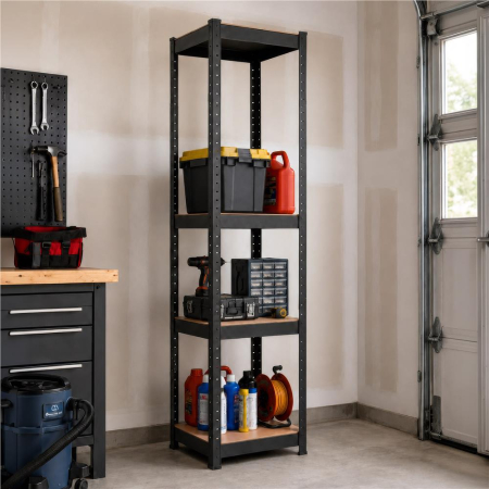 Raft metalic de depozitare cu 4 polite reglabile MDF, capacitate 400 kg, 40x40x180 cm, negru [3]
