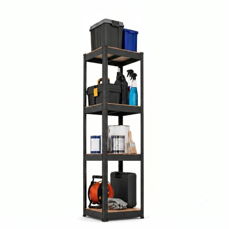 Raft metalic de depozitare cu 4 polite reglabile MDF, capacitate 400 kg, 40x40x180 cm, negru [19]