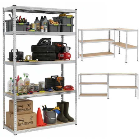Raft metalic de depozitare cu 5 polite reglabile MDF, structura zincata, capacitate 1000 kg, 120x45x205 cm, gri [4]