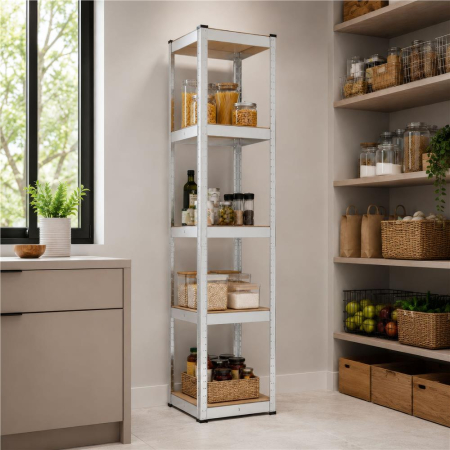 Raft metalic de depozitare cu 5 polite reglabile MDF, structura zincata, capacitate 500 kg, 40x40x180 cm, gri [13]