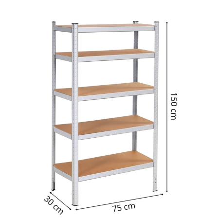 Raft metalic depozitare cu 5 polite MDF, capacitate 675 kg, 75x30x150 cm, argintiu [19]