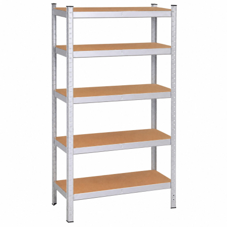 Baie - Raft metalic depozitare cu 5 polite MDF, capacitate 675 kg, 75x30x150 cm, argintiu