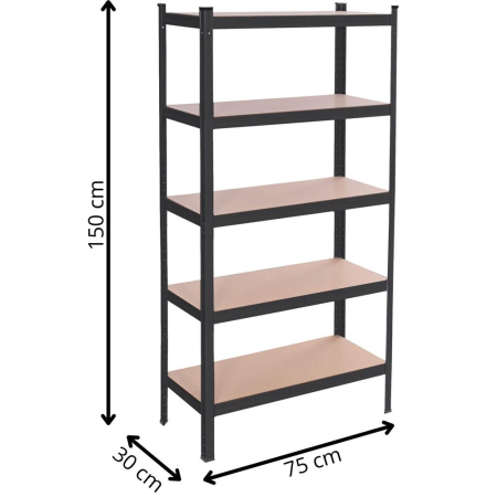 Raft metalic depozitare cu 5 polite MDF, capacitate 675 kg, 75x30x150 cm, negru [21]