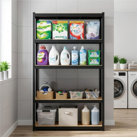Raft metalic depozitare cu 5 polite MDF, capacitate 675 kg, 75x30x150 cm, negru [25]
